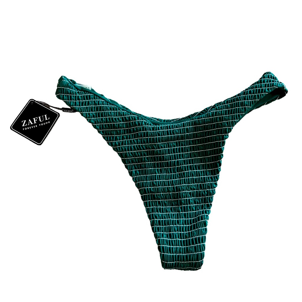 Zaful Cheeky Y High Leg Bikini Bottom Forest Green White Stripe Ruching Size 8